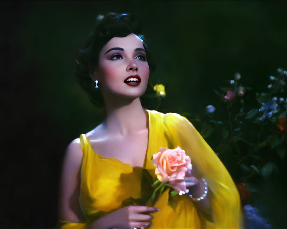 Dark-haired woman in yellow dress holding pink rose in soft floral setting