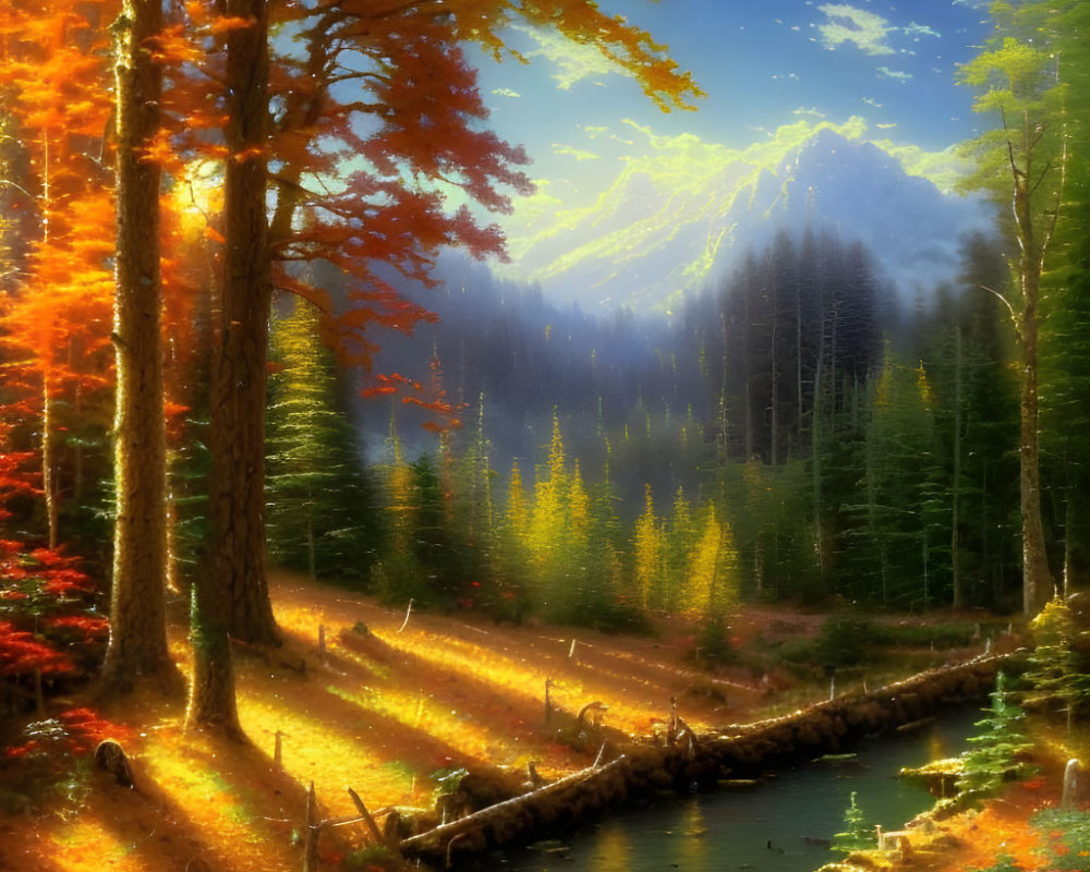 Tranquil autumn forest with sunlight, stream, and misty mountains