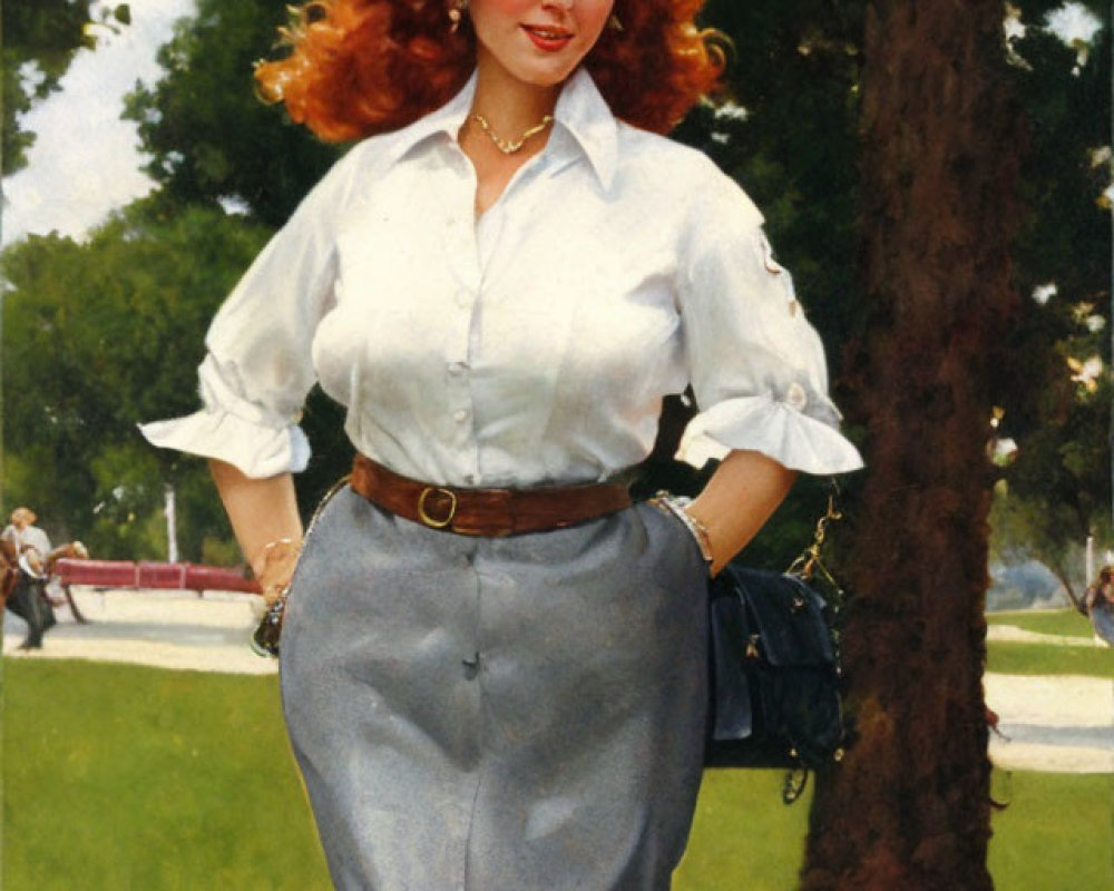 Curly Red-Haired Woman in White Blouse Walking in Park