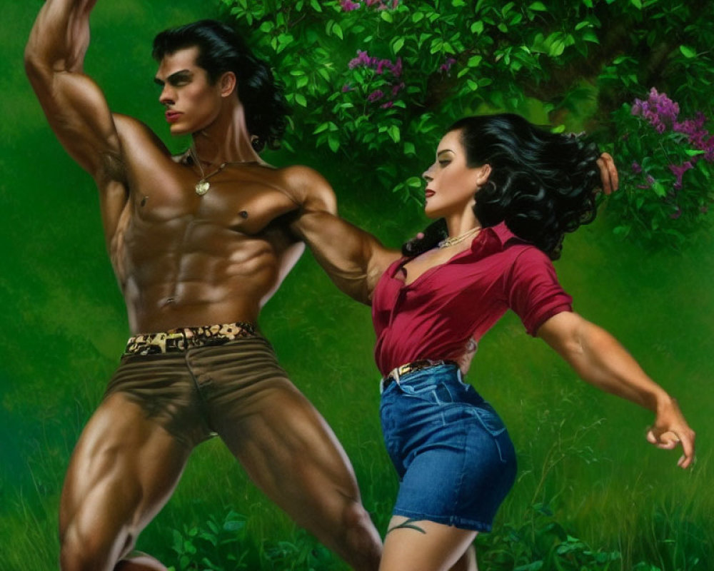 Muscular man and woman with flowing hair pose in front of green foliage and purple flowers