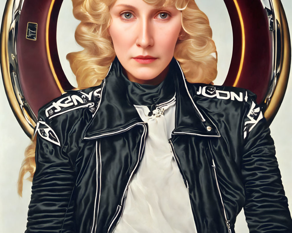 Blonde Woman with Blue Eyes in Leather Jacket on Golden Background