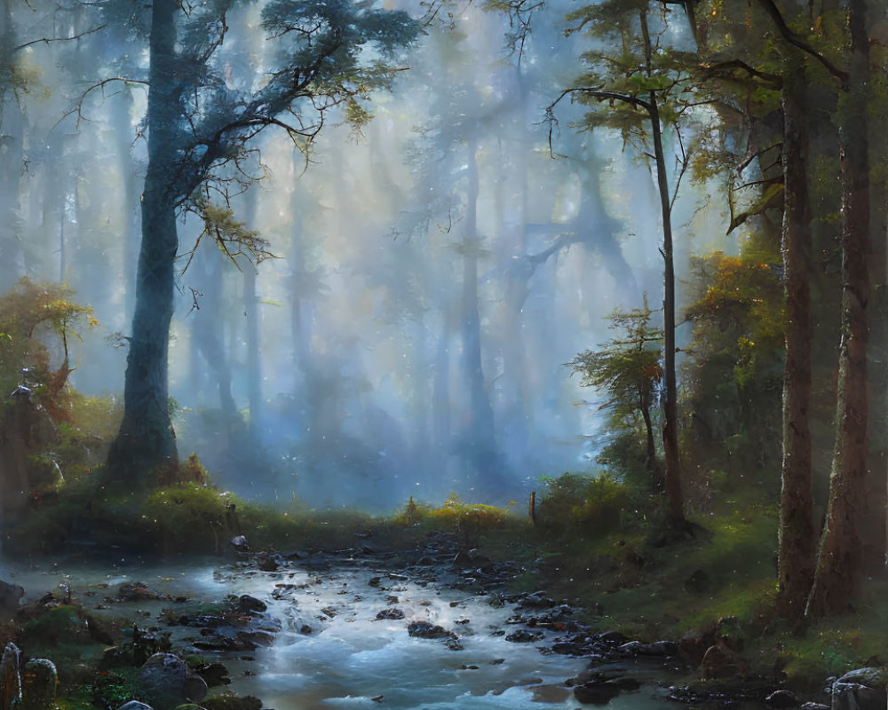 Tranquil forest landscape with sunlight, stream, and lush greenery