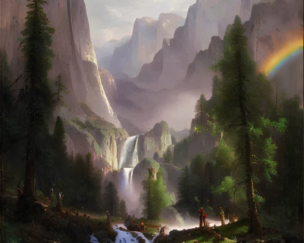 Tranquil valley with cliffs, waterfall, river, greenery, and rainbow near person.