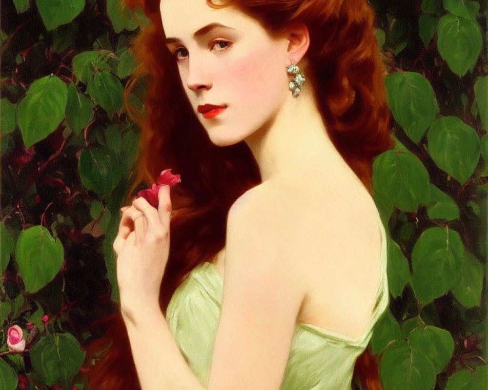 Woman with Red Hair in Green Dress Surrounded by Leaves and Roses