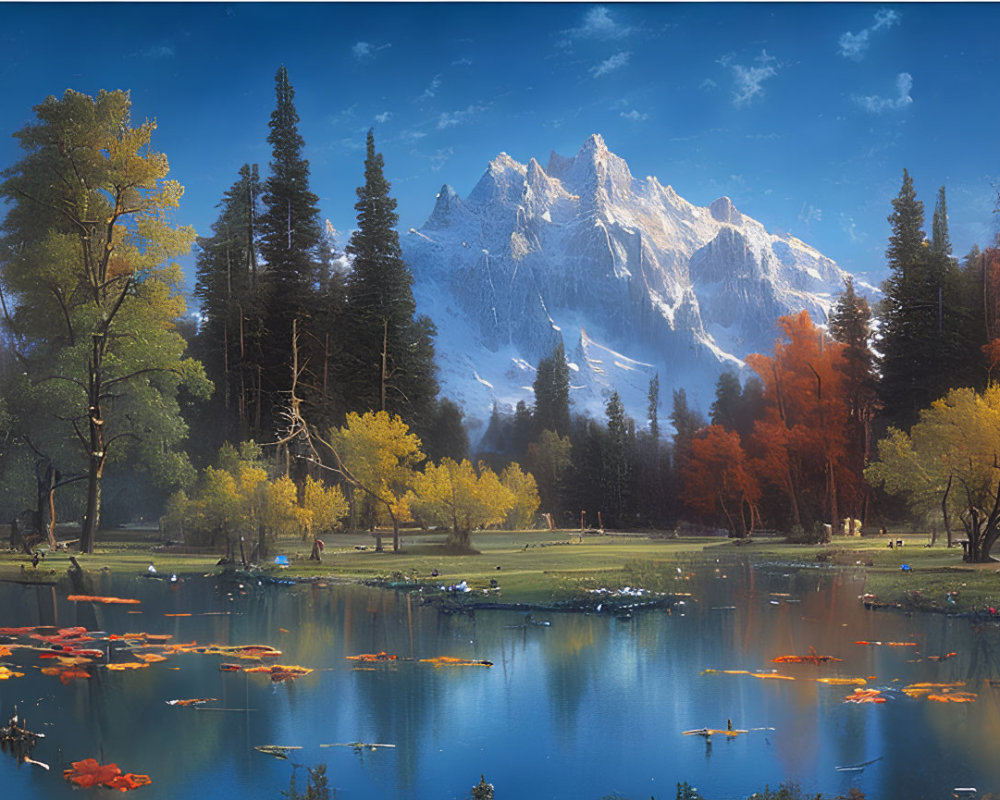 Serene lake, snow-capped mountain, autumn trees in idyllic landscape