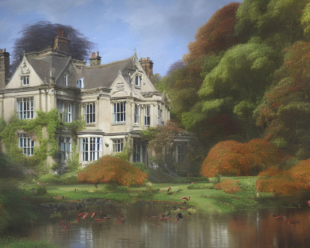 Victorian-era mansion with autumn foliage and flamingos in serene pond