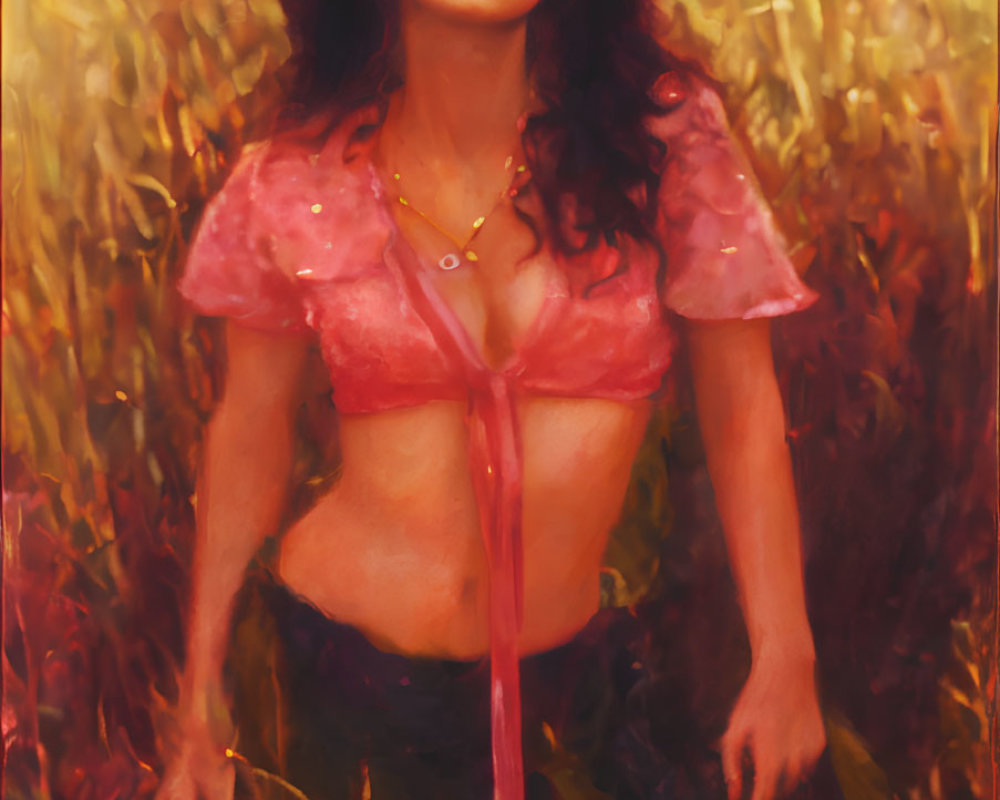 Dark-Haired Woman in Pink Blouse Among Golden Grasses