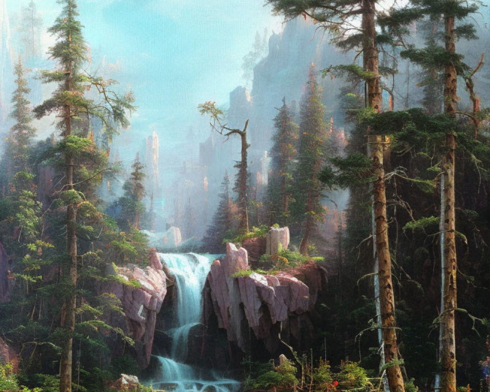 Tranquil forest waterfall with misty mountains