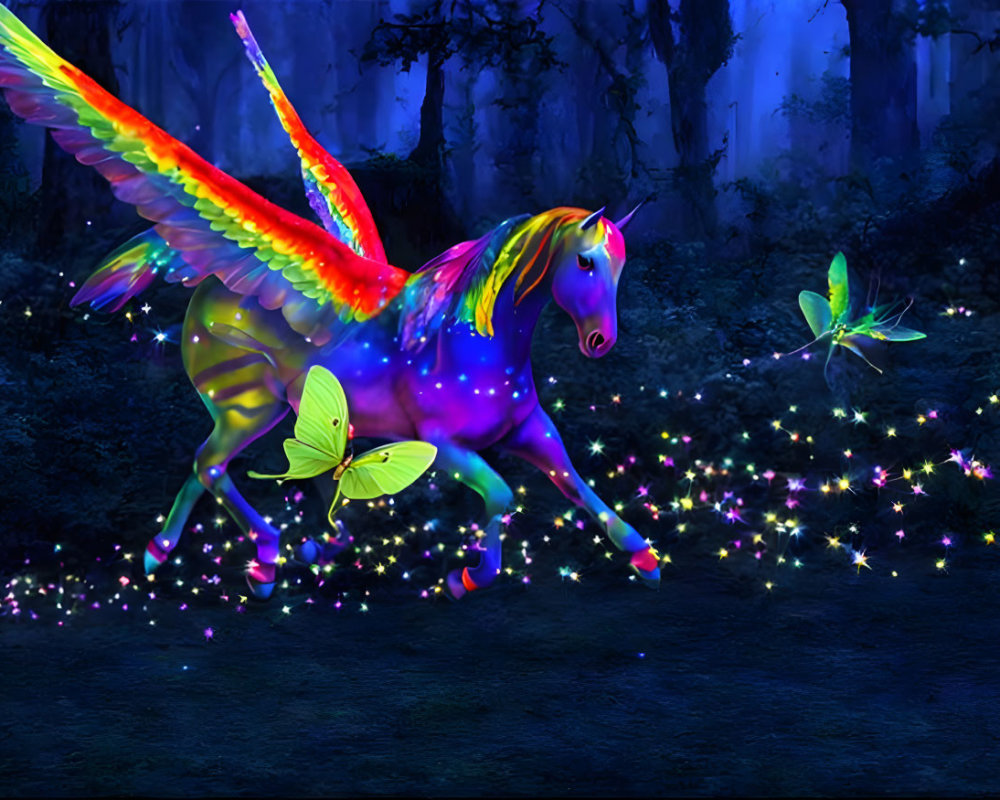 Colorful Winged Unicorn with Butterflies in Mystical Forest at Night