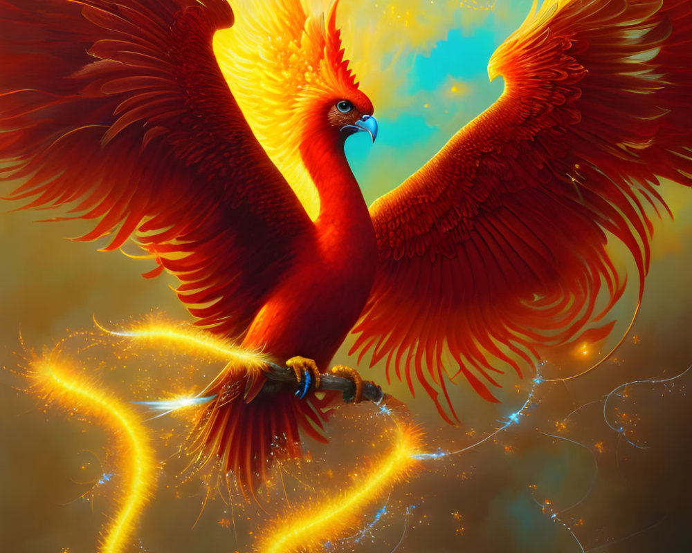 Majestic Phoenix with Red and Orange Feathers in Golden Glowing Setting