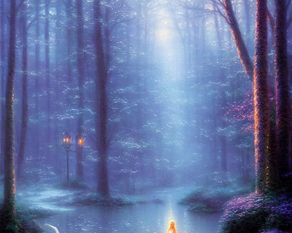 Enchanted Fantasy Forest with Glowing Figure, Misty Ambiance, Trees, Swan, and