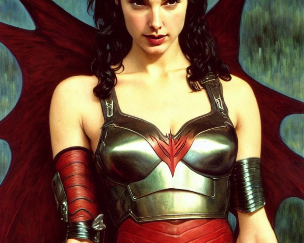 Woman in red and silver armored costume with winged emblem and dark hair.