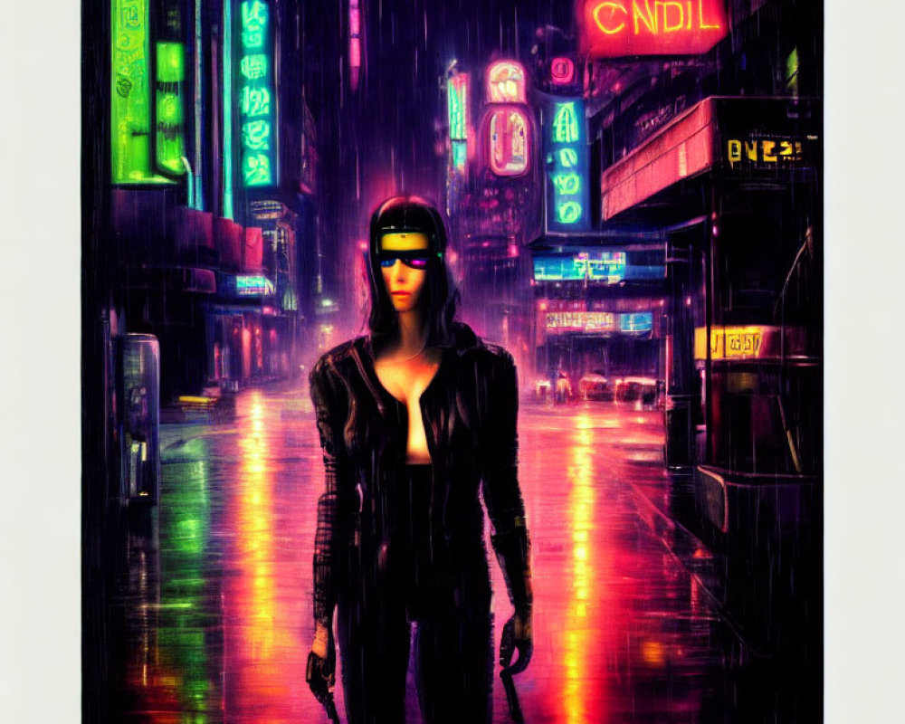 Futuristic visor and leather jacket in neon-lit cyberpunk scene