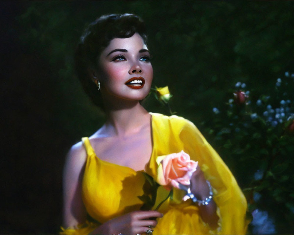 Classic Portrait of Woman in Yellow Dress with Pink Rose and Striking Red Lipstick