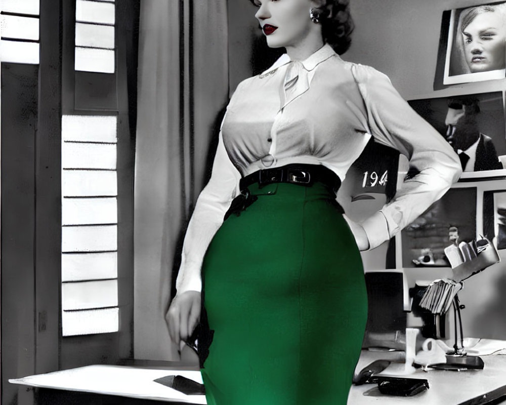 Vintage fashion photo of woman in green skirt by window