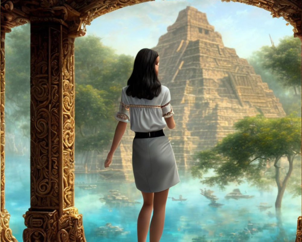 Woman in stone archway gazes at Mayan pyramid by tranquil water.