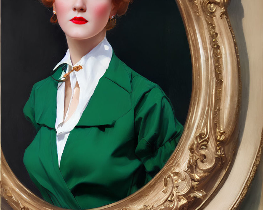 Red-haired woman in vintage waves with red lipstick and green blazer in ornate golden frame