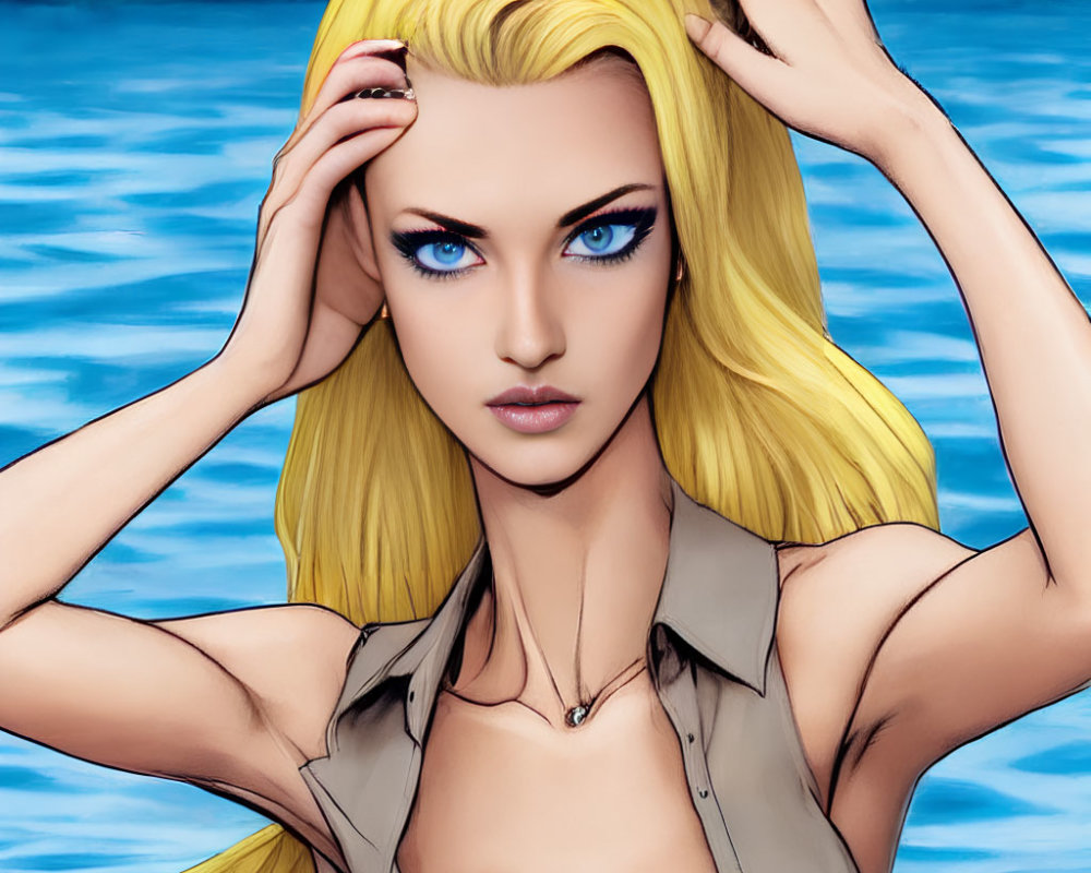 Blonde Woman with Blue Eyes in Khaki Shirt by Water