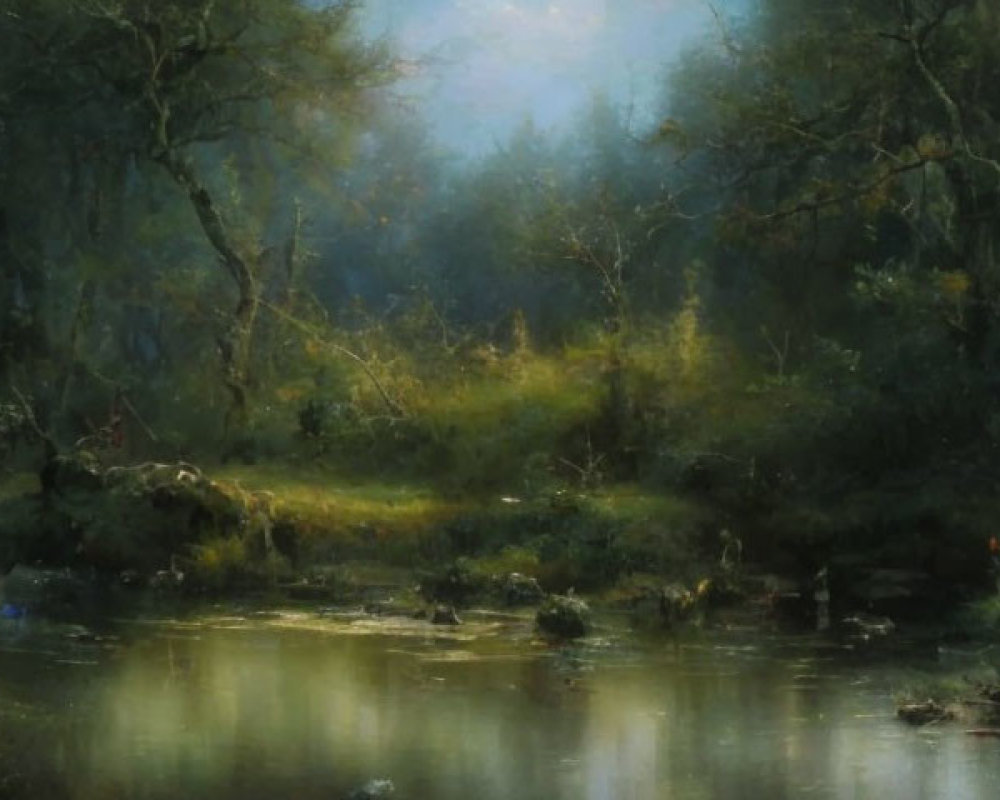 Tranquil forest scene with lush trees and serene river