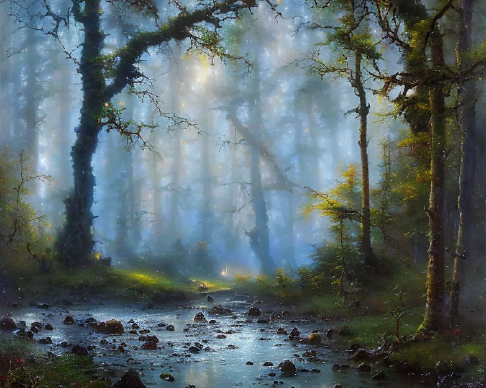 Tranquil forest landscape with sunlight, mist, stream, mossy trees, and rocks