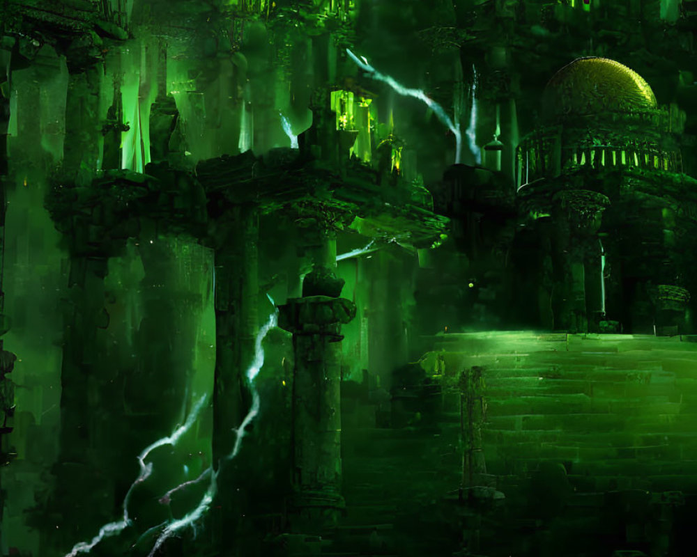 Mystical green ruins struck by lightning in ancient setting