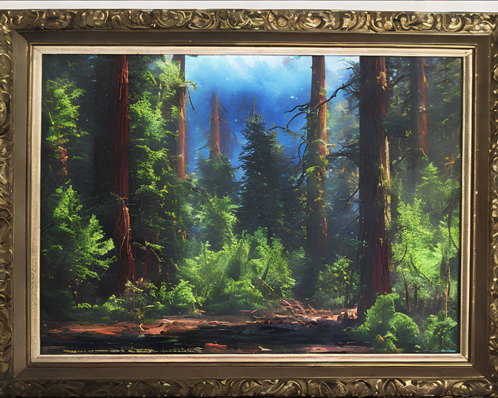 Sunlit redwood forest painting in ornate frame