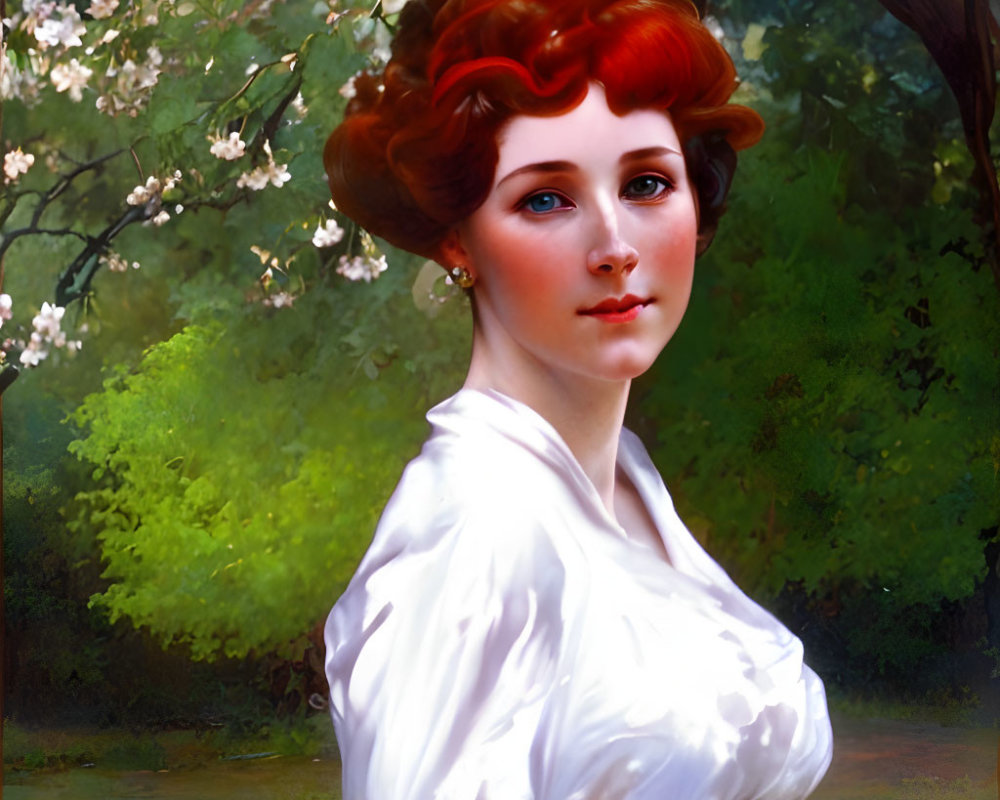 Red-Haired Woman in White Blouse Surrounded by Greenery and Blossoms