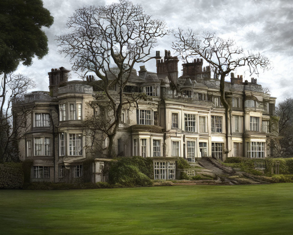 Victorian mansion with mature trees and manicured lawn under cloudy sky