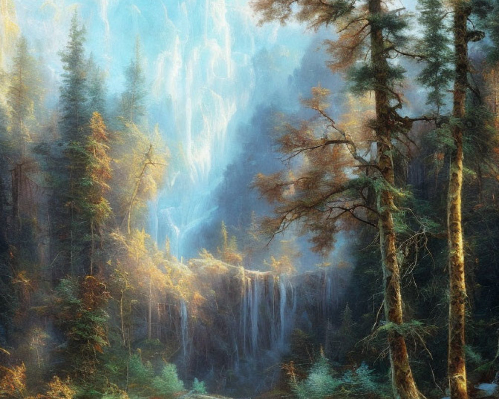 Tranquil forest landscape with cascading waterfalls and tall pine trees