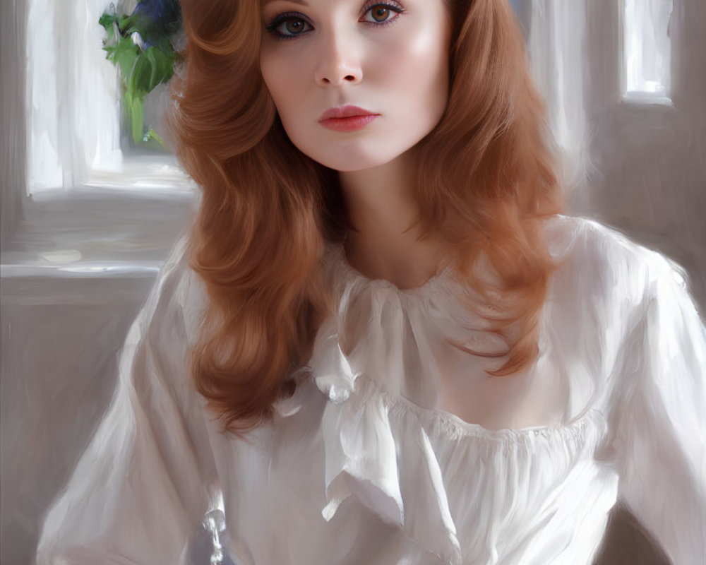 Auburn-Haired Woman in White Blouse by Green Foliage