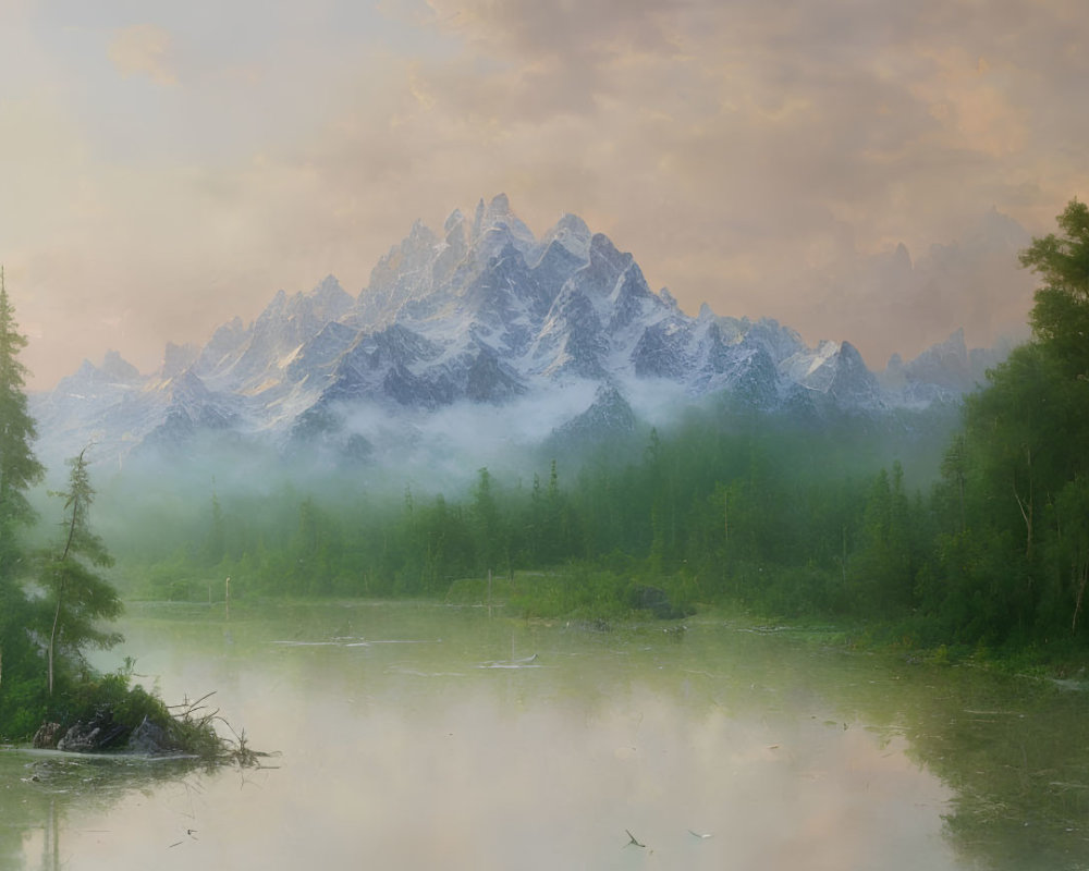 Snow-capped peaks and serene lake in misty alpine sunrise