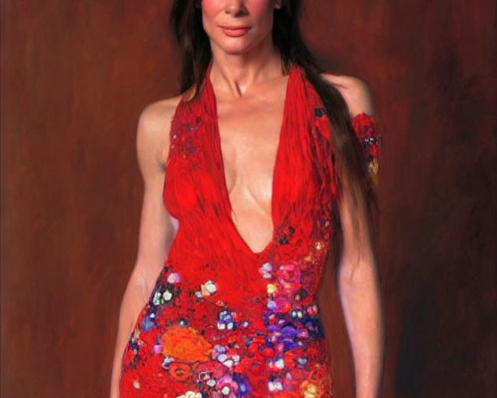 Woman in Red Floral Gown Against Warm Background with Flowers in Hair