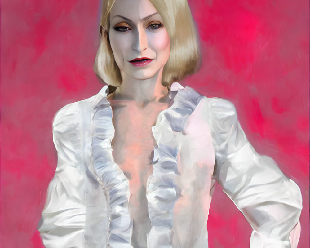 Digital artwork: Woman with pale skin, white blouse, short blonde bob on pinkish-red textured background