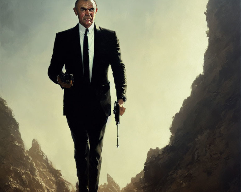 Person in black suit with handgun between rocky cliffs holding second gun and whiskey glass