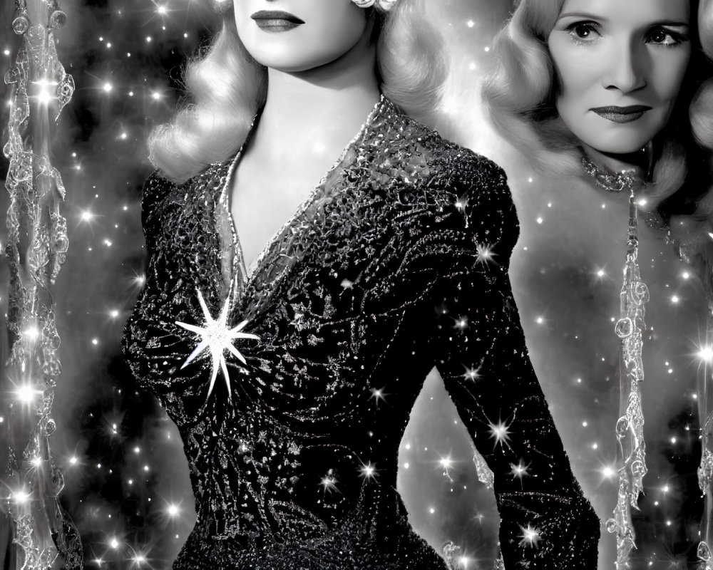 Monochrome image of glamorous woman in sequined dress with starry backdrop