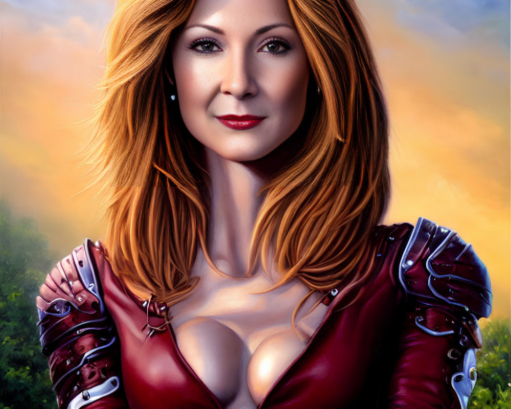 Fantasy character with red hair in crimson armor against cloudy sky