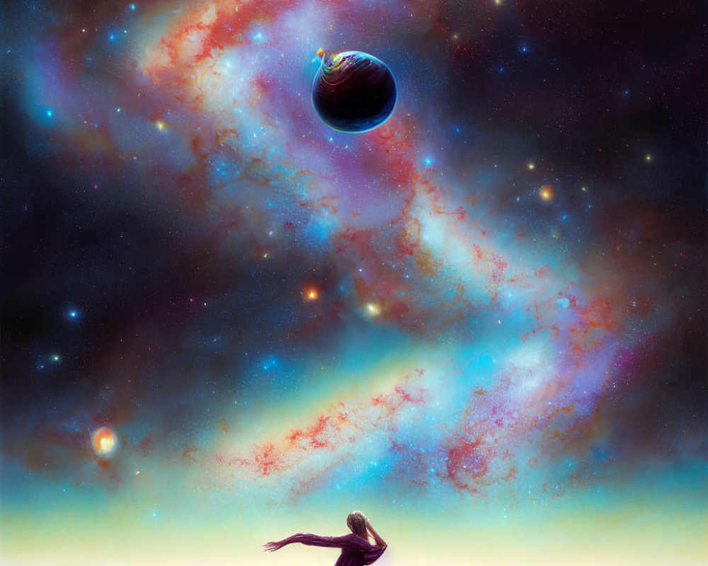 Person in flowing robe reaching towards vibrant galaxy with stars, nebulae, and hovering planet.