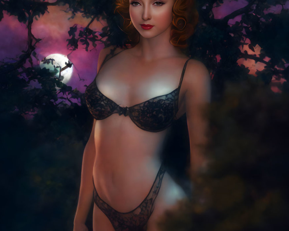 Digital art of woman in lingerie in moonlit mystical forest