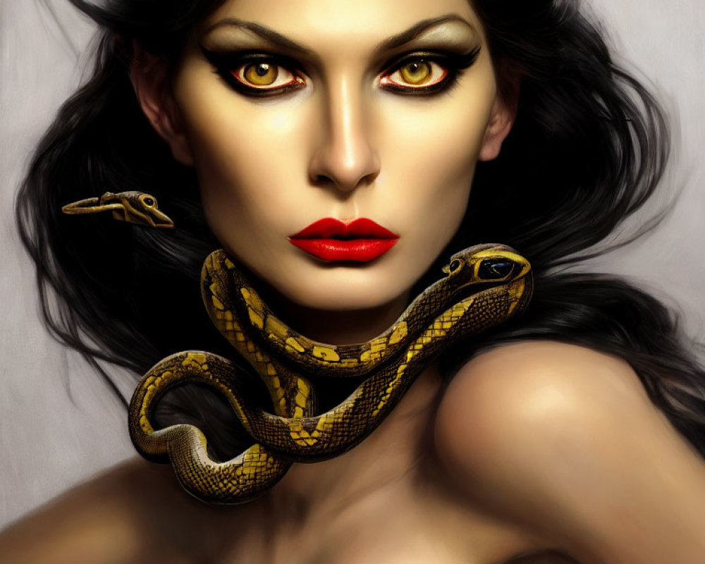 Digital Painting: Woman with Yellow Eyes, Red Lips, and Python on Grey Background