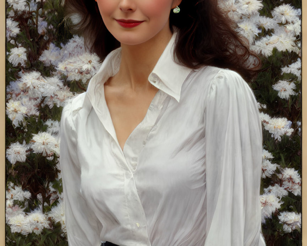 Dark-Haired Woman in White Blouse with Green Earrings and Blue Belt among White Flowers