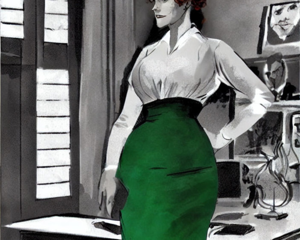 Red-haired woman in white blouse and green skirt in noir-style office setting