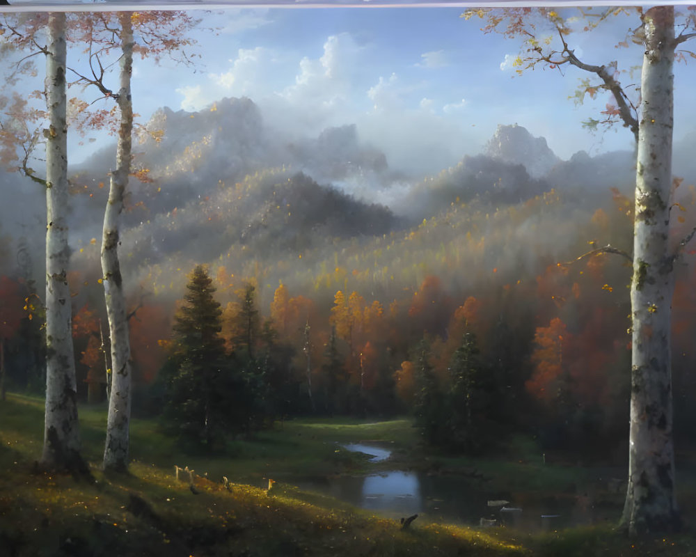 Tranquil autumn forest scene with golden foliage, stream, and misty mountain.