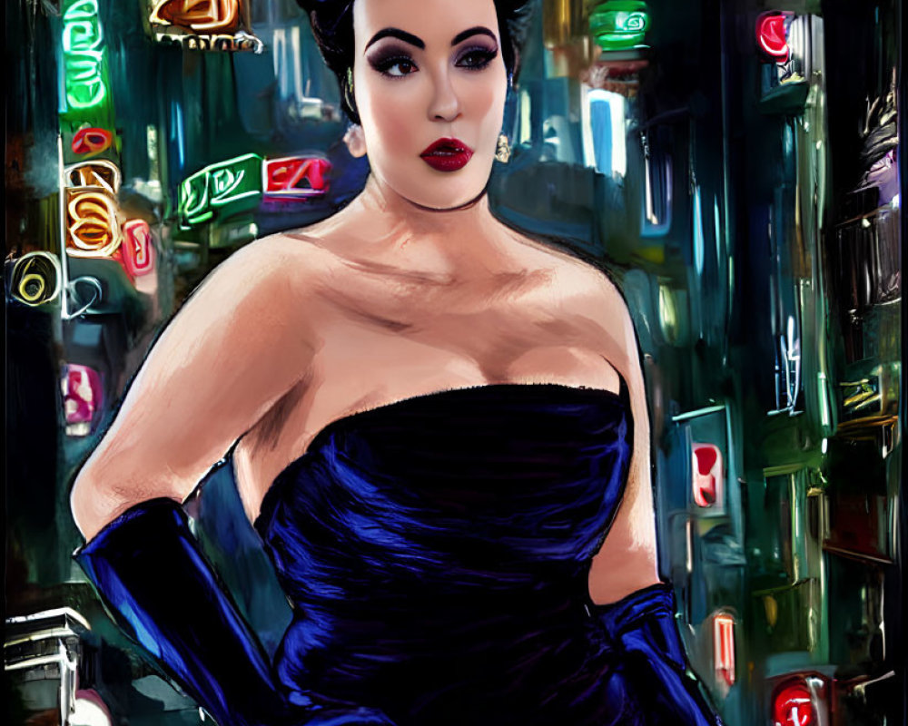 Stylized portrait of woman in blue dress against neon cityscape