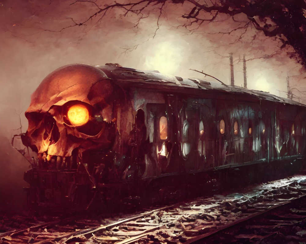 Dark and eerie train illustration in foggy forest landscape