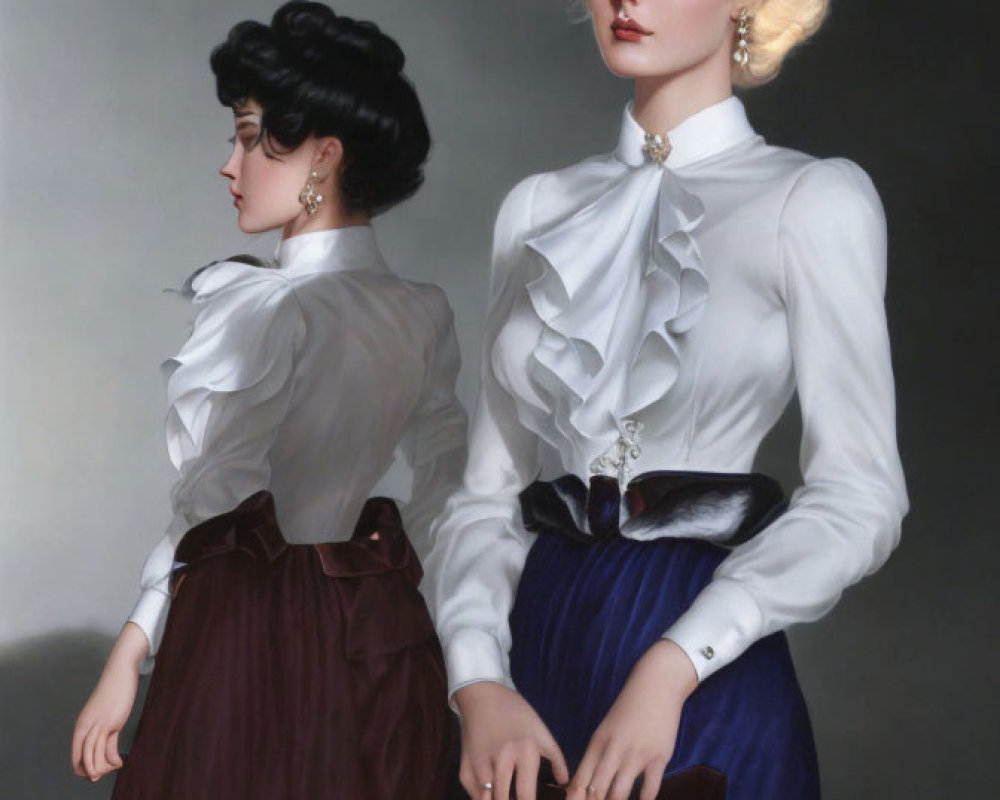 Vintage Attire: Two Women in Dramatic Ruffled Blouses and Contrasting Skirts