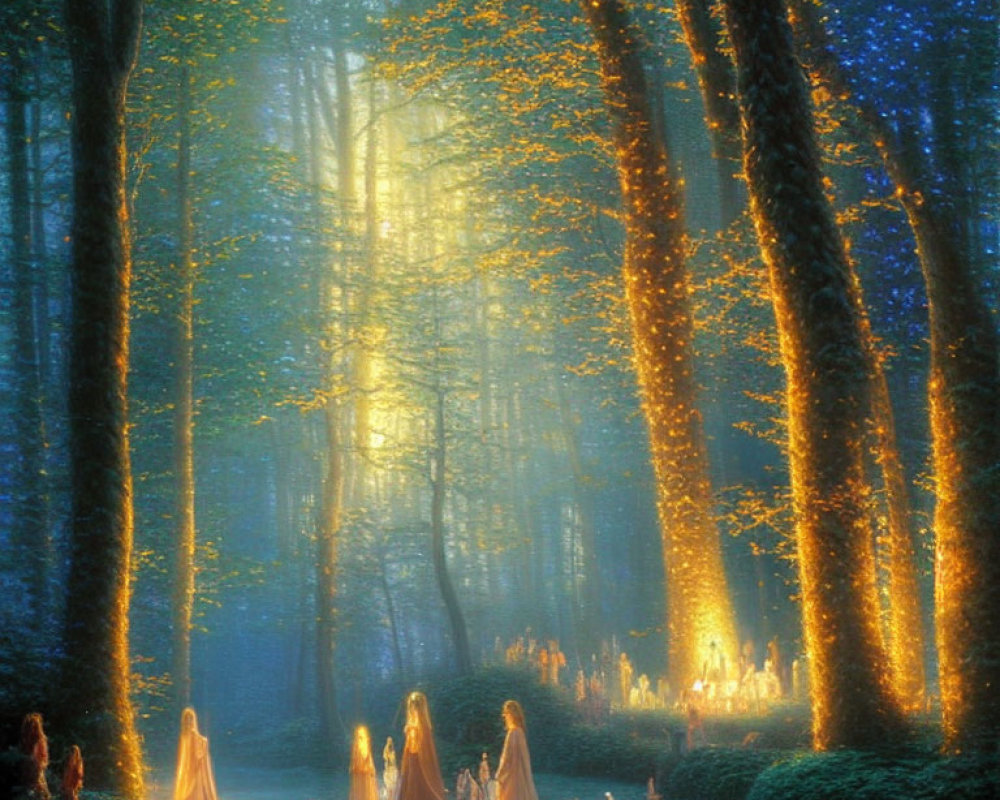 Enchanting forest glade with tall trees and robed figures by reflective water