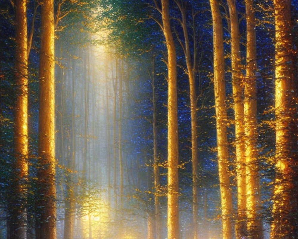 Tall Trees in a Mystical Forest with Ethereal Figures