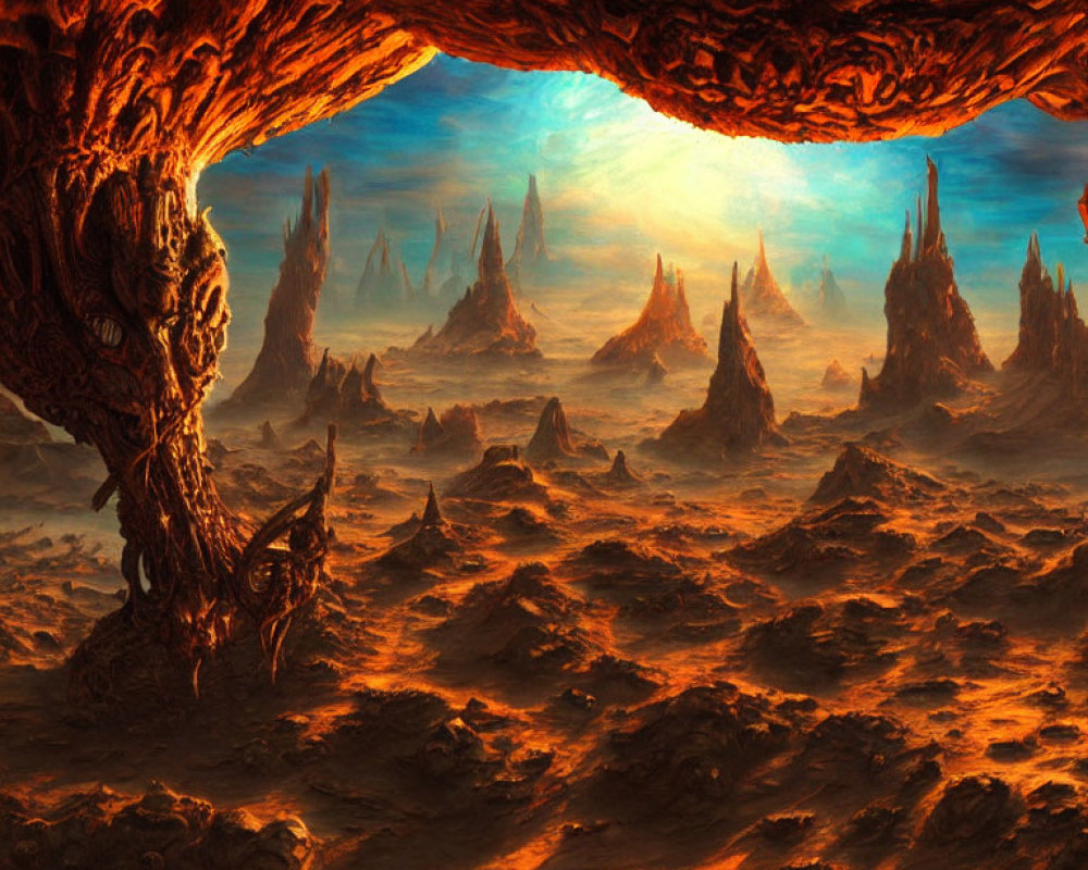 Fantastical landscape with towering spires and twisted tree on reddish barren terrain.