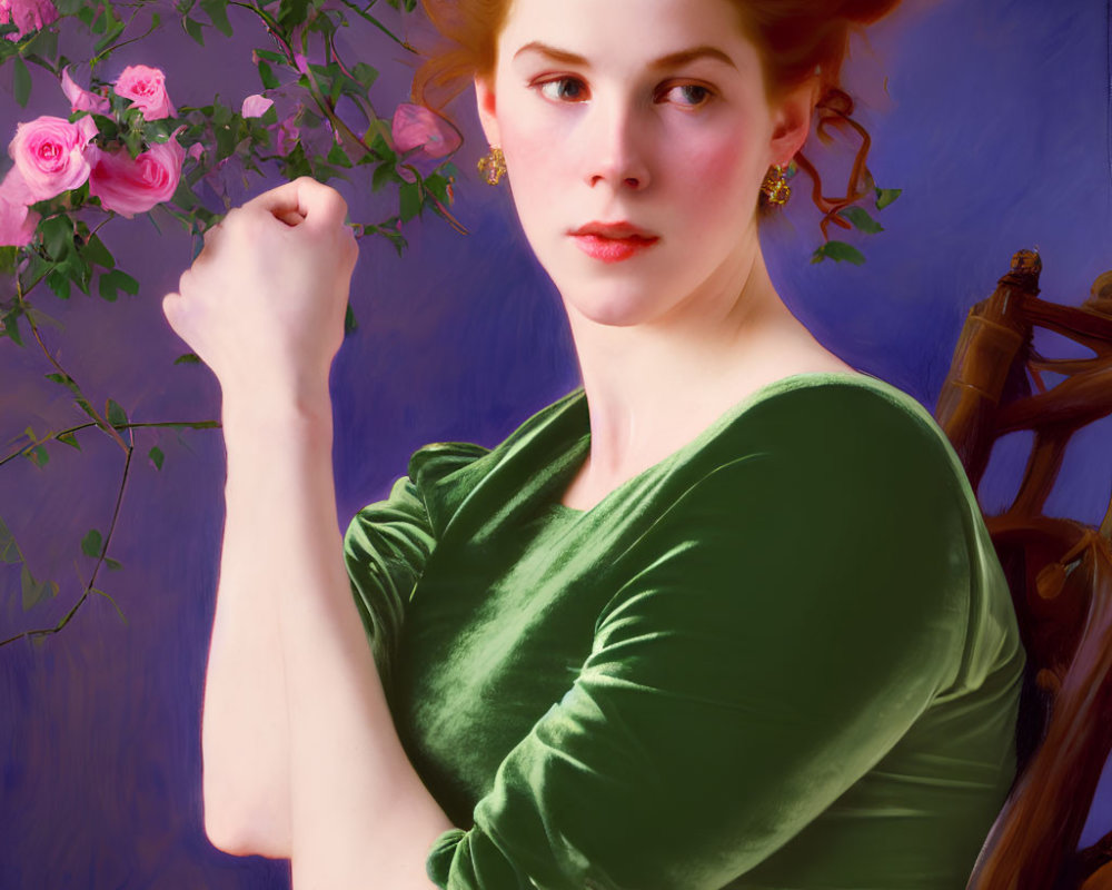 Red-haired woman in green velvet dress posing near pink roses - classical portrait vibe