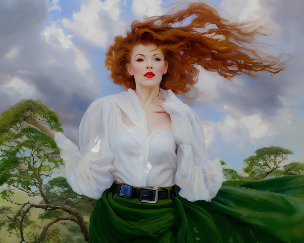 Red-haired woman in white blouse and green skirt standing outdoors with wind-swept hair and cloudy sky